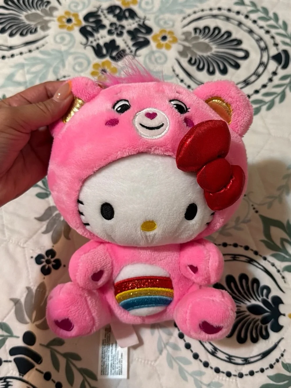 Care Bears x Hello Kitty Pink Bear Plush with Rainbow Belly and Red Bow